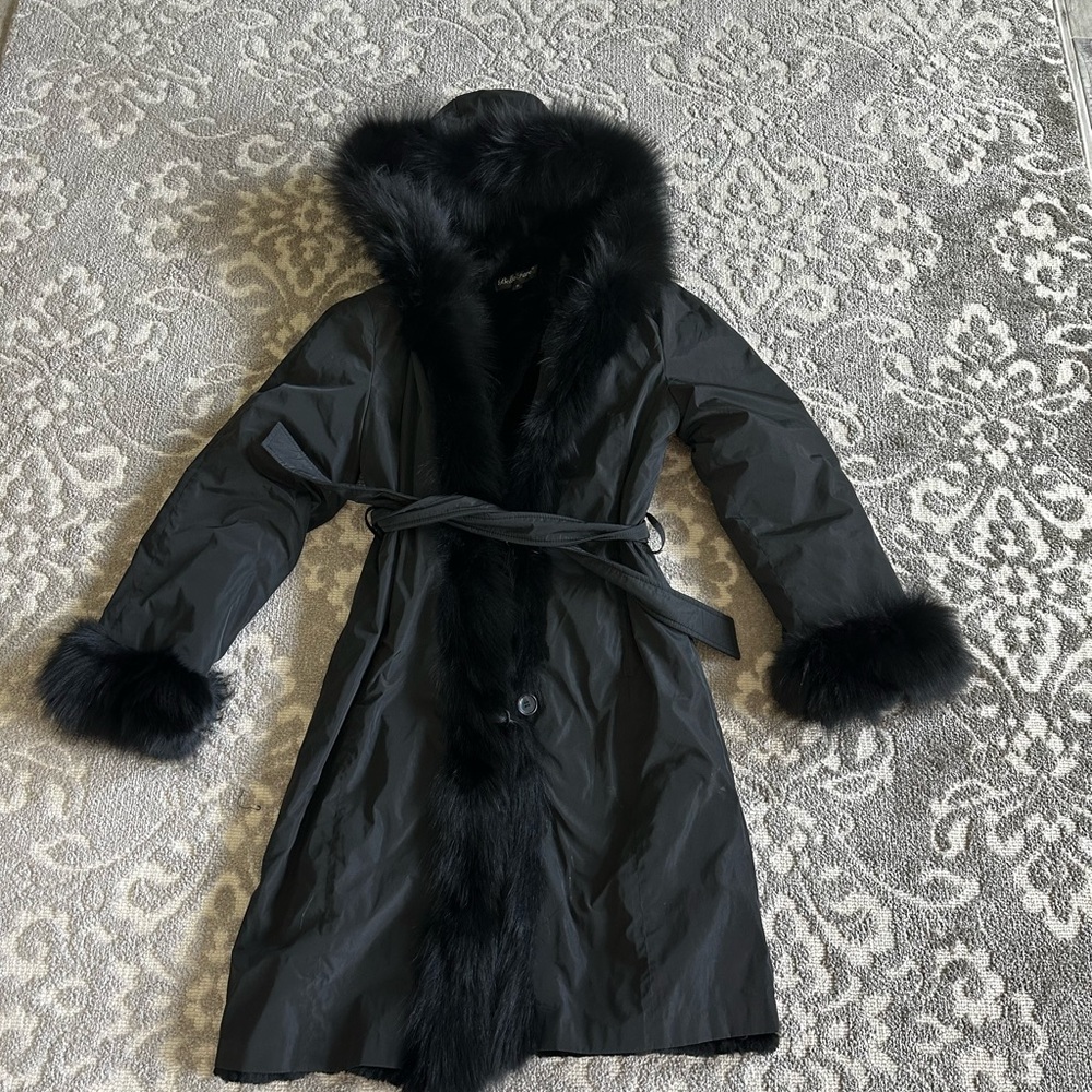 Fox lined midi coat with hood